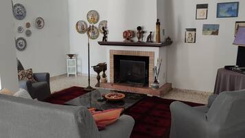 Smart TV, fireplace, DVD player, books