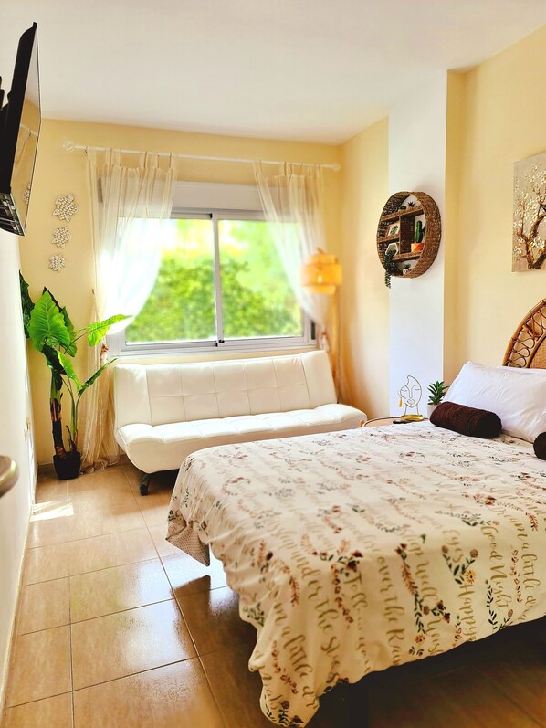 1 bedroom, desk, iron/ironing board, travel cot