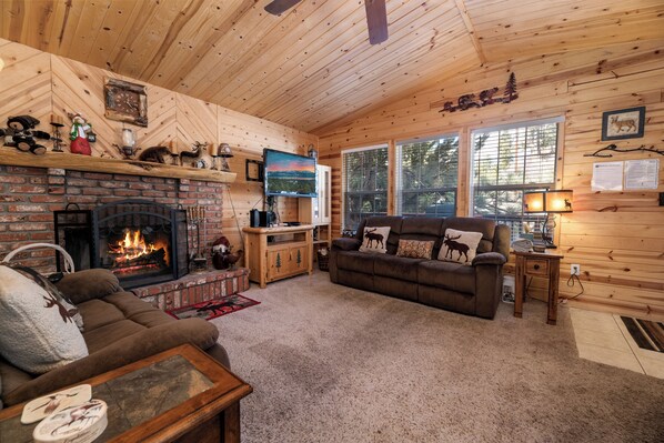 Cabaña básica | Área de sala de estar | Smart TV, reproductor de DVD y servicios de streaming 