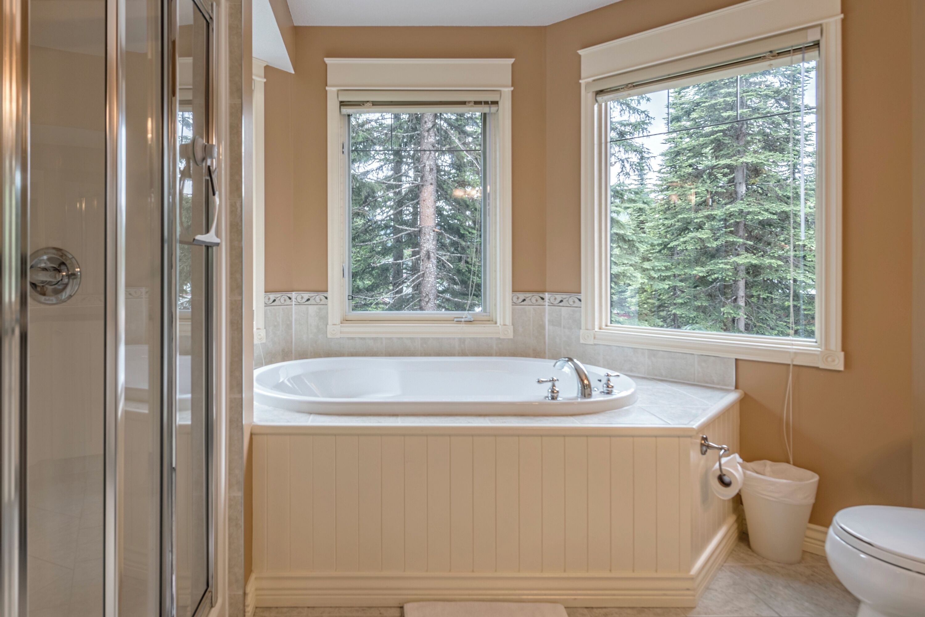 Shower, jetted bath, hair dryer, towels