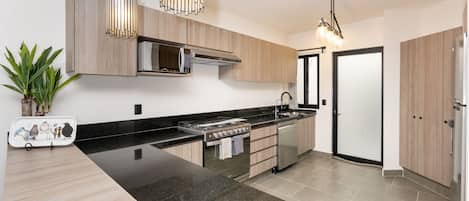 Deluxe House | Private kitchen | Full-sized fridge, microwave, oven, dishwasher