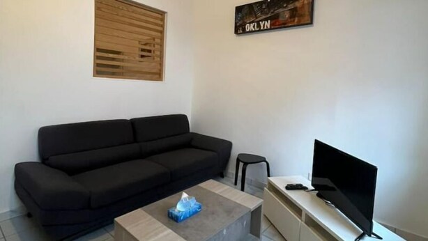 A modern living room with a black sofa, a coffee table, a TV on a stand, and a painting on the wall. - Appart Cosy 2P- Proche Métro, Lille à 15 min (Roubaix)