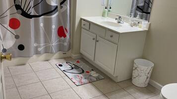 Hair dryer, towels, soap, shampoo