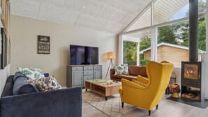 A modern living room with a sofa, armchair, TV, and fireplace. - Stunning home in Jægerspris with WiFi (Jægerspris)