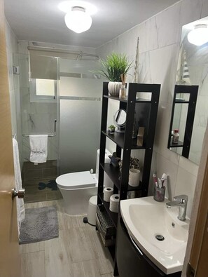 Dusche, Haartrockner, Handtücher, Seife