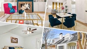 Uma sala de estar moderna com lareira, um espaço de jantar com mesa e cadeiras, um quarto com cama e ventilador de teto, e vista para um bairro residencial.