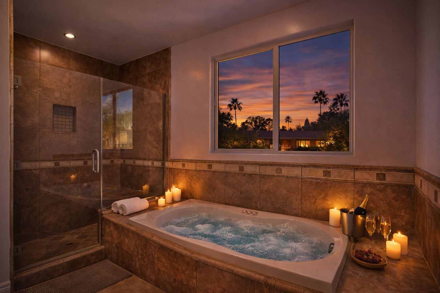 Shower, jetted tub, hair dryer, towels