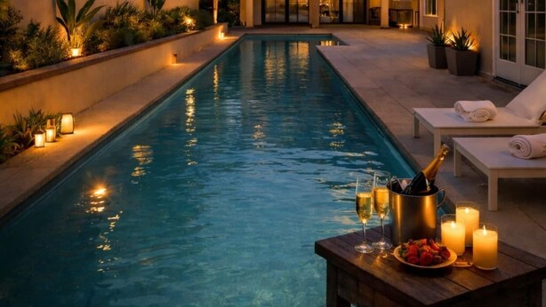 A swimming pool with a sunset view, a lounge area with chairs, and a table with drinks and candles. - Granada Hills Estate | Lap Pool, Spa & Guesthouse (Los Angeles)