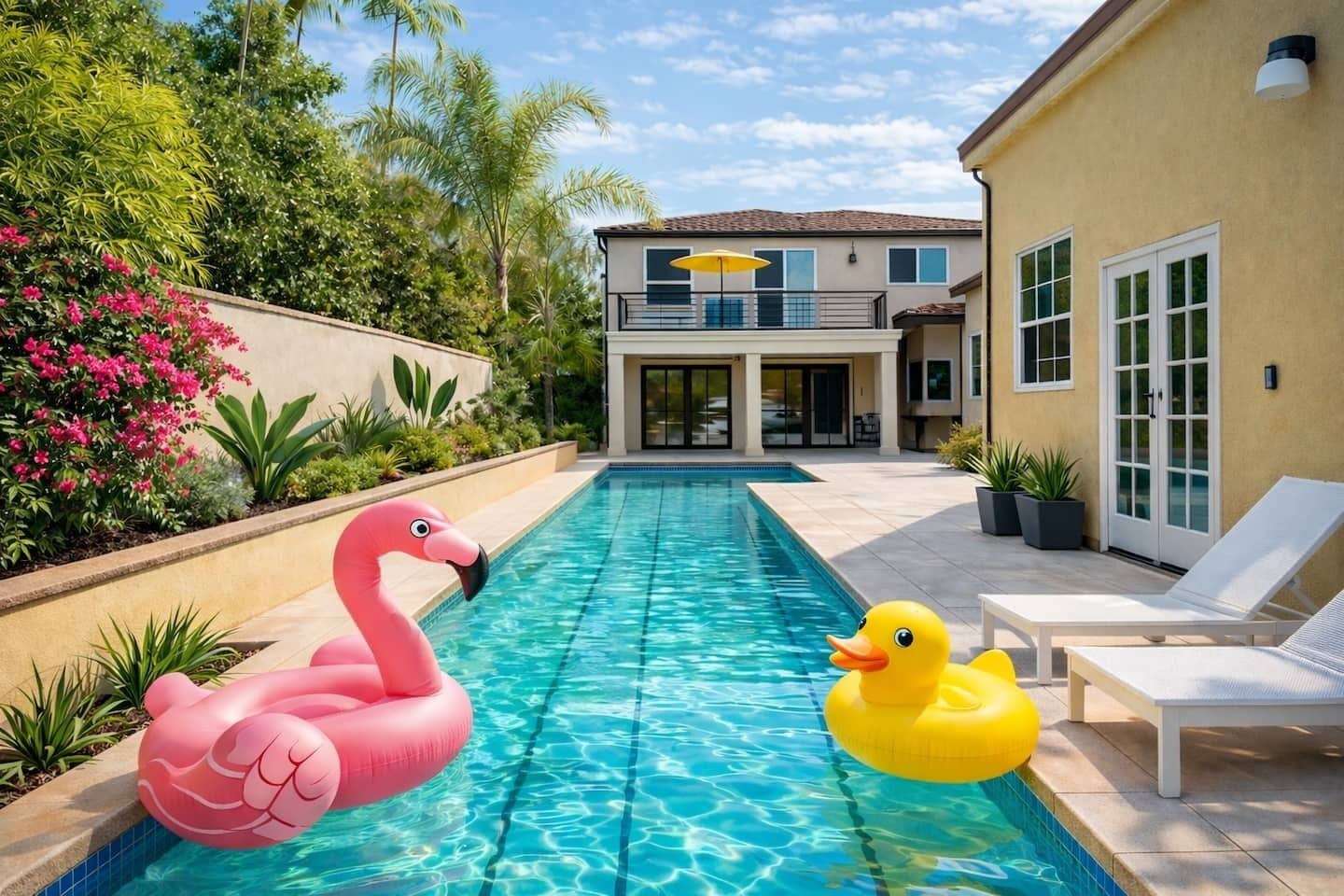 Ein Swimmingpool mit aufblasbaren Flamingos und einer Ente, umgeben von einem Haus mit Balkon und einem Garten mit rosa Blumen.