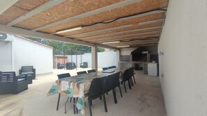 An outdoor covered patio with a dining table, chairs, and a kitchen area.
