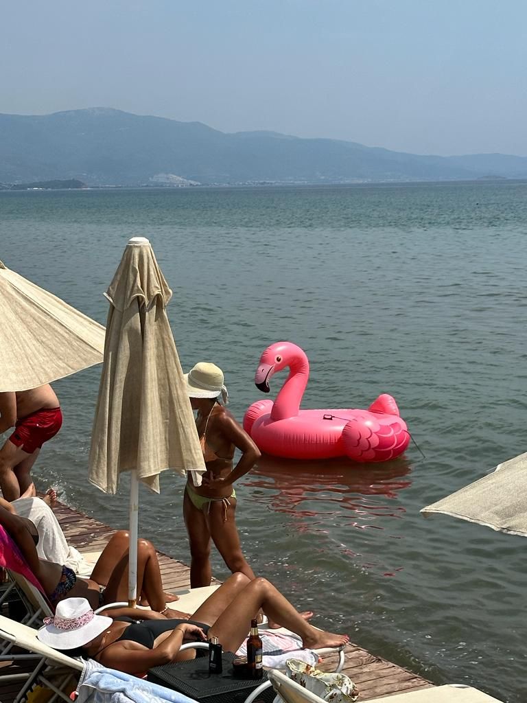 Escena junto al lago con gente relajándose en un muelle, un flamenco inflable rosa y una sombrilla de playa.
