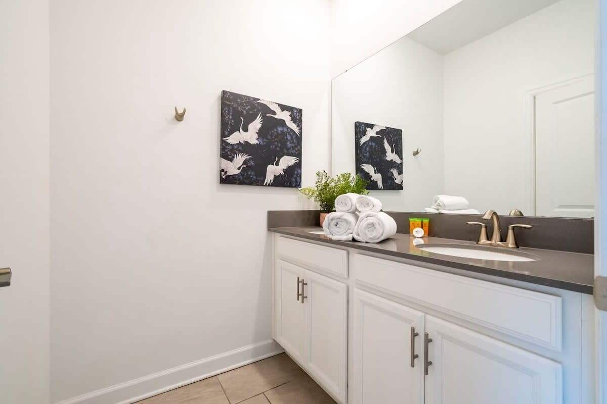 A modern bathroom with a double sink, white cabinets, and two wall-mounted artwork depicting birds.