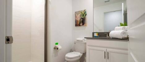 A bathroom with a glass shower enclosure, a toilet, a sink with a mirror, and a small potted plant on the wall.