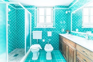 Shower, hair dryer, bidet, towels