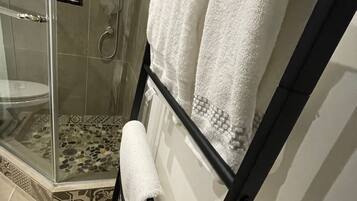 Shower, hair dryer, towels, soap