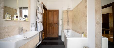Hair dryer, towels, soap, toilet paper