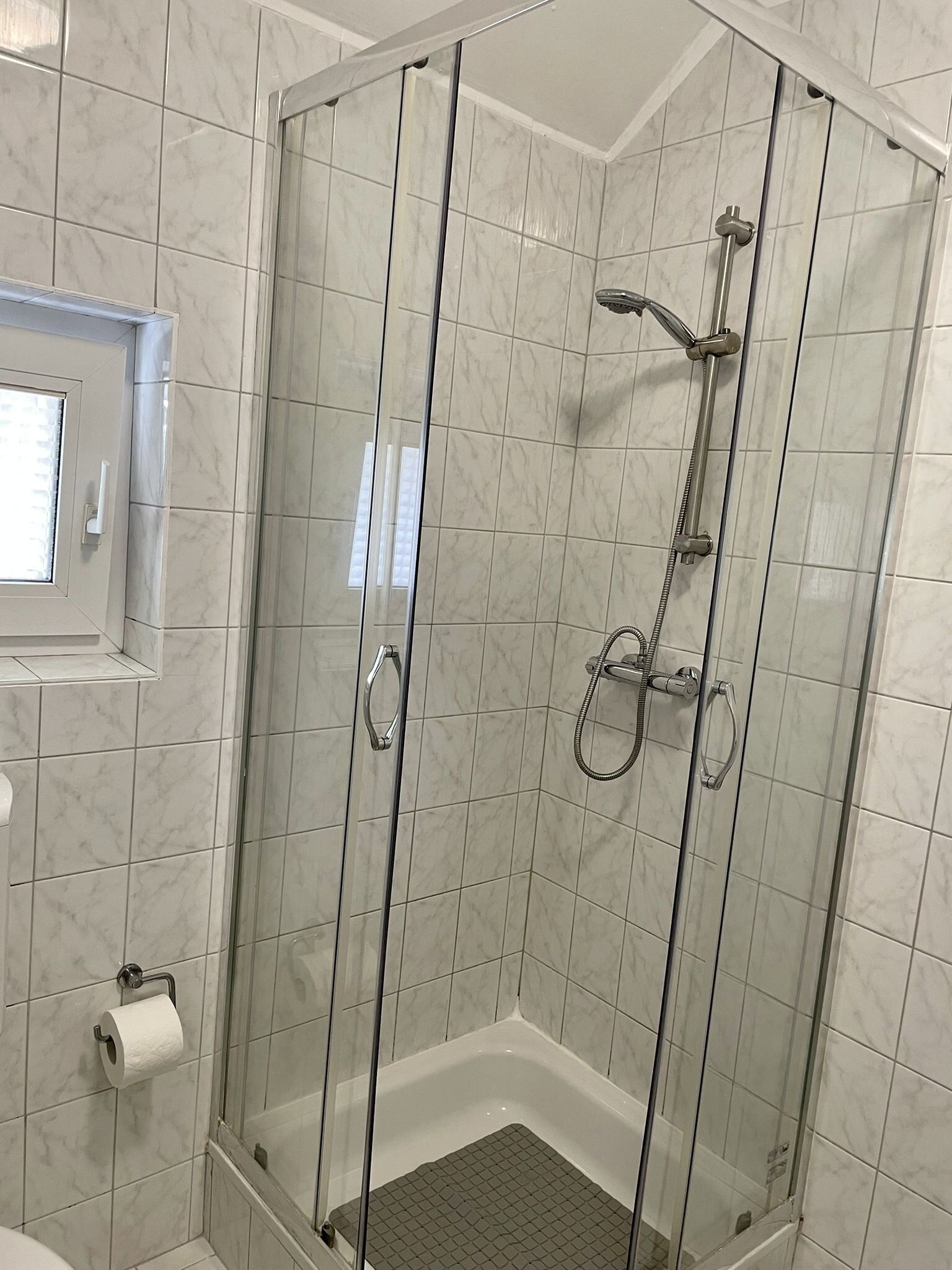 Dusche, Haartrockner, Handtücher, Seife