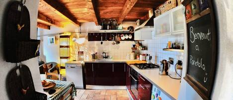 Fridge, stovetop, dishwasher, coffee/tea maker