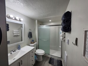 Shower, hair dryer, towels, soap