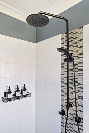 Shower, eco-friendly toiletries, hair dryer, towels