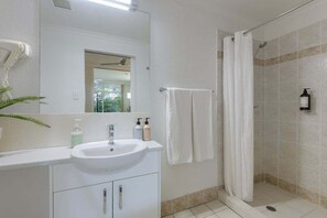 Shower, hair dryer, towels
