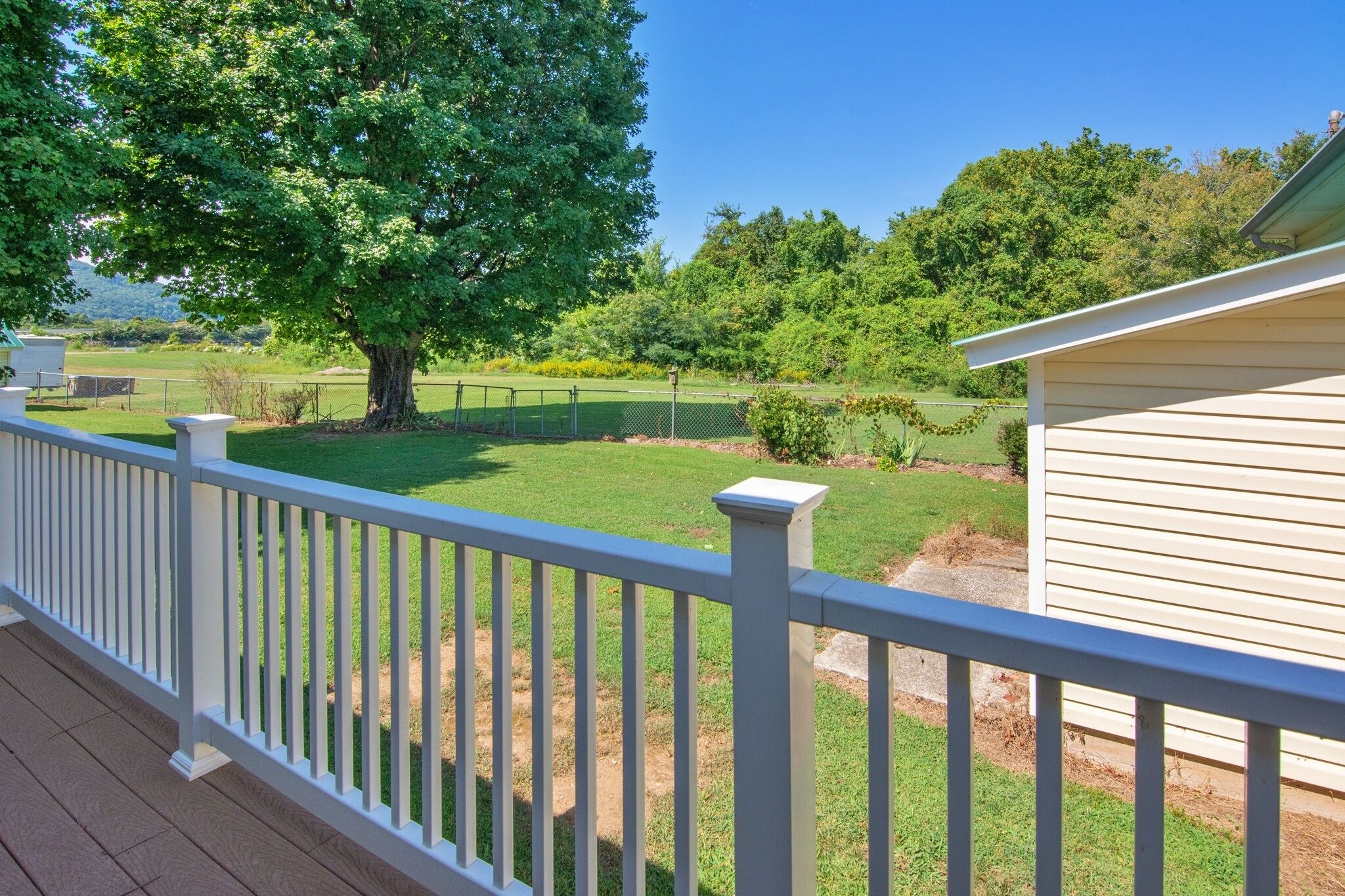 A residential property with a fenced backyard, a large tree, and a house with a gabled roof.