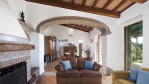 A spacious living area with a fireplace, a leather sofa, and a view of a lush garden.