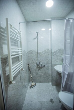 Douche, serviettes fournies, papier toilette