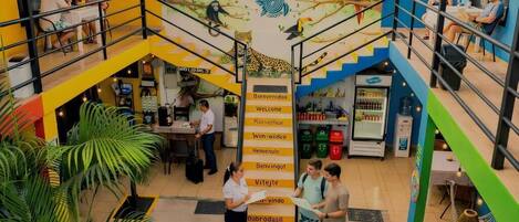 A multi-level hotel lobby with a central staircase, a reception desk, and a mural depicting jungle wildlife.