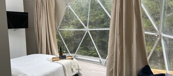 "Luxurious Escapes Await: Private Hot Tubs and Kayaks at Norse Geodesic Retreat"