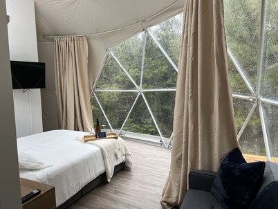 "Luxurious Escapes Await: Private Hot Tubs and Kayaks at Norse Geodesic Retreat"