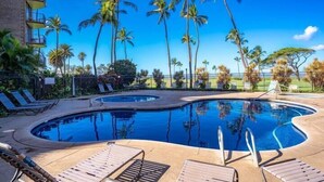 Une piscine avec des chaises longues et des palmiers.
