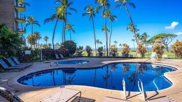 Outdoor pool, pool umbrellas, sun loungers