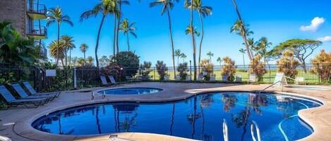 Outdoor pool, pool umbrellas, pool loungers