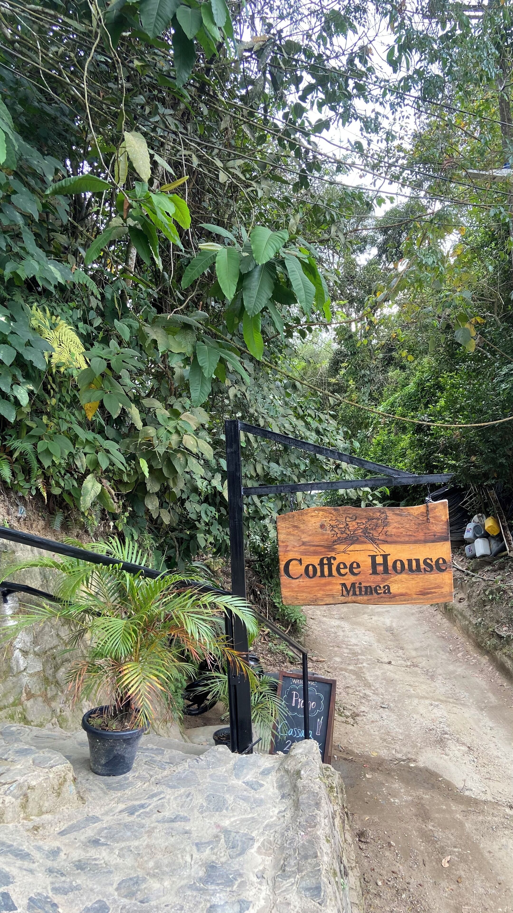 Ein Holzschild mit der Aufschrift 'Coffee House Mincea' markiert den Eingang eines naturbelagten Pfades, der von dichtem Grün umgeben ist.