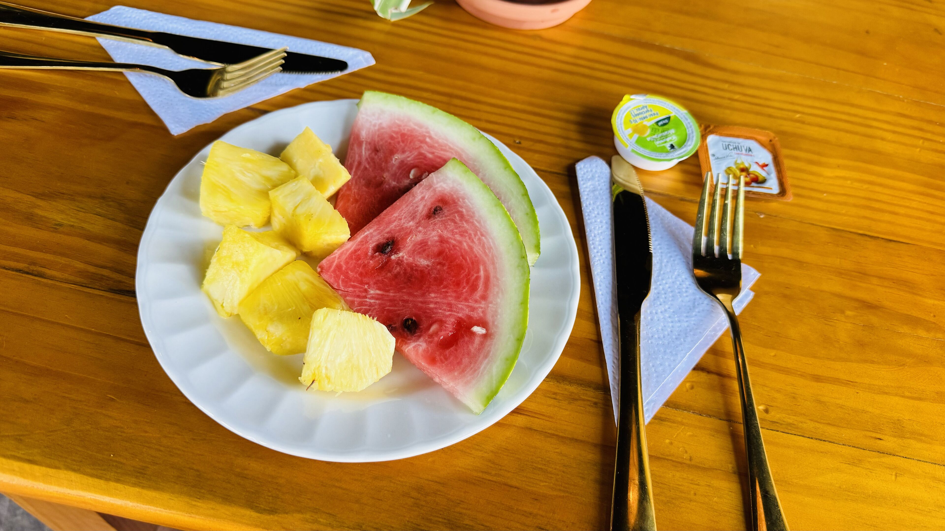 Une assiette contenant des morceaux d’ananas et des tranches de pastèque, posée sur une table en bois.