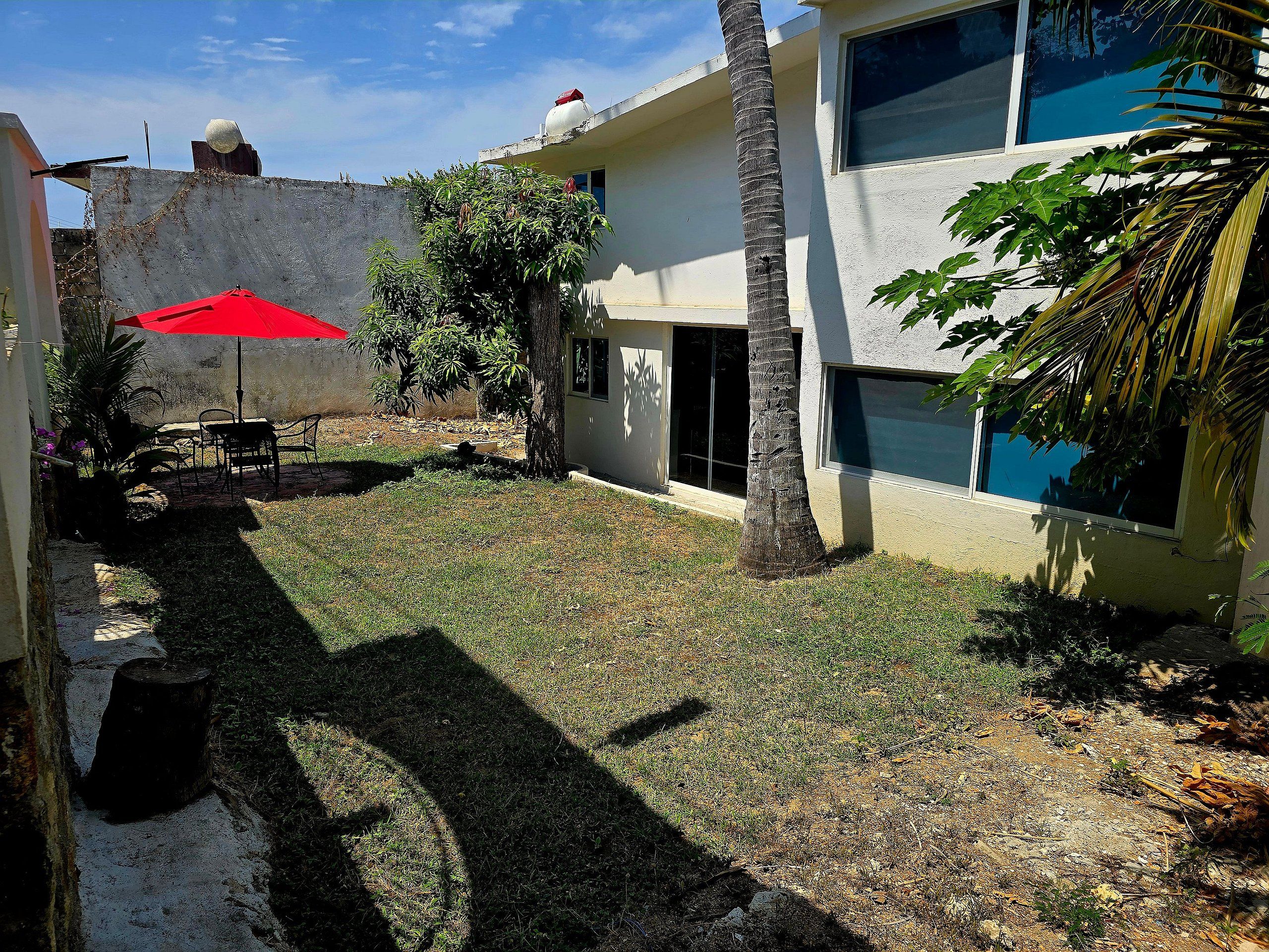 Un patio con una sombrilla roja, una palmera y un edificio con ventanales amplios.