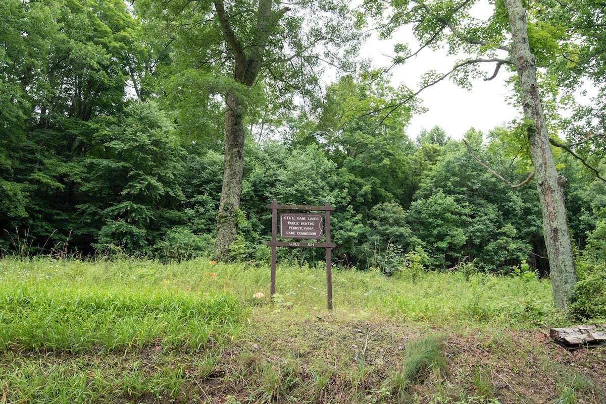 A signpost in a wooded area with text indicating it is a public land.