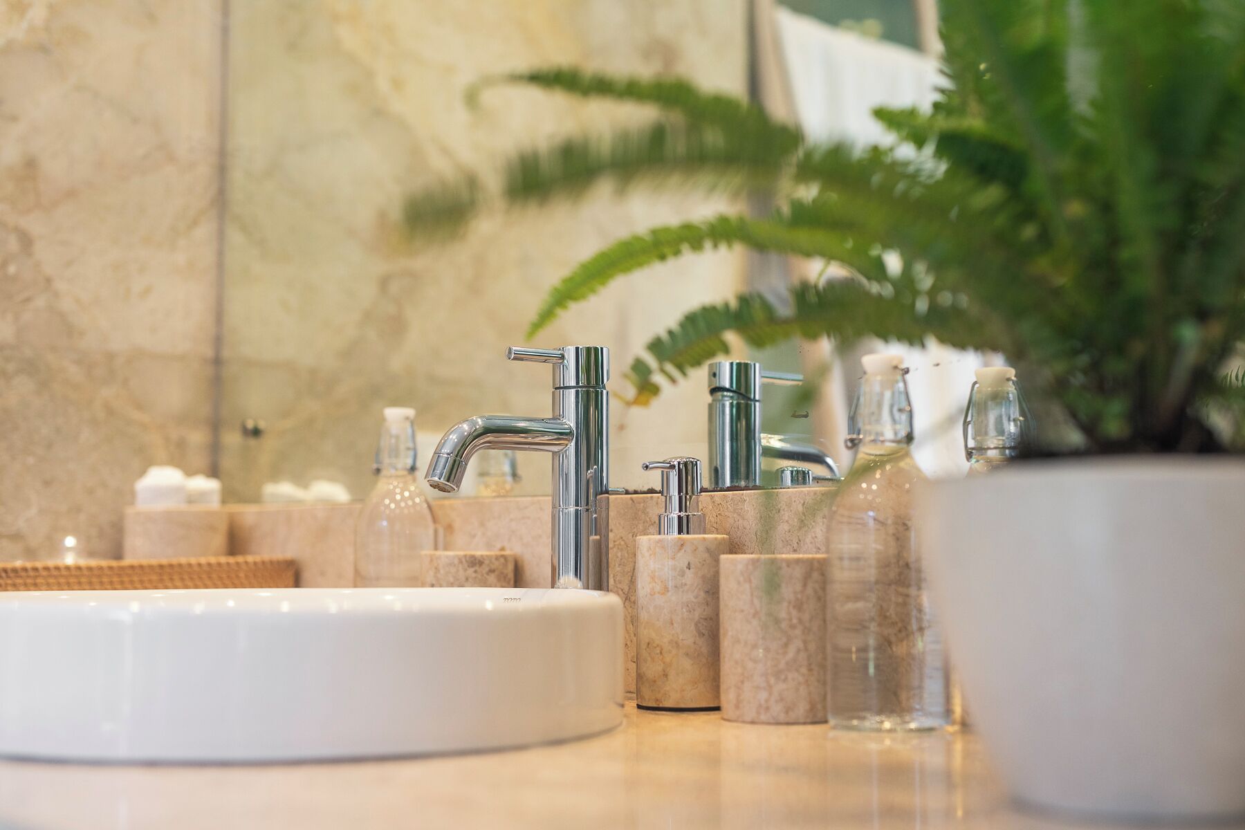 A bathroom with a white sink, multiple faucets, and a potted plant.