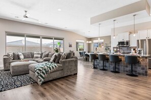 Smart TV, fireplace, books