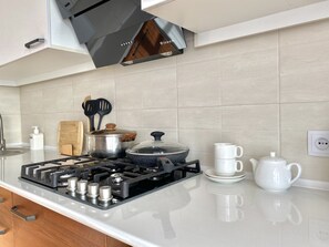 Kühlschrank, Mikrowelle, Herdplatte, Wasserkocher mit Kaffee-/Teezubehör