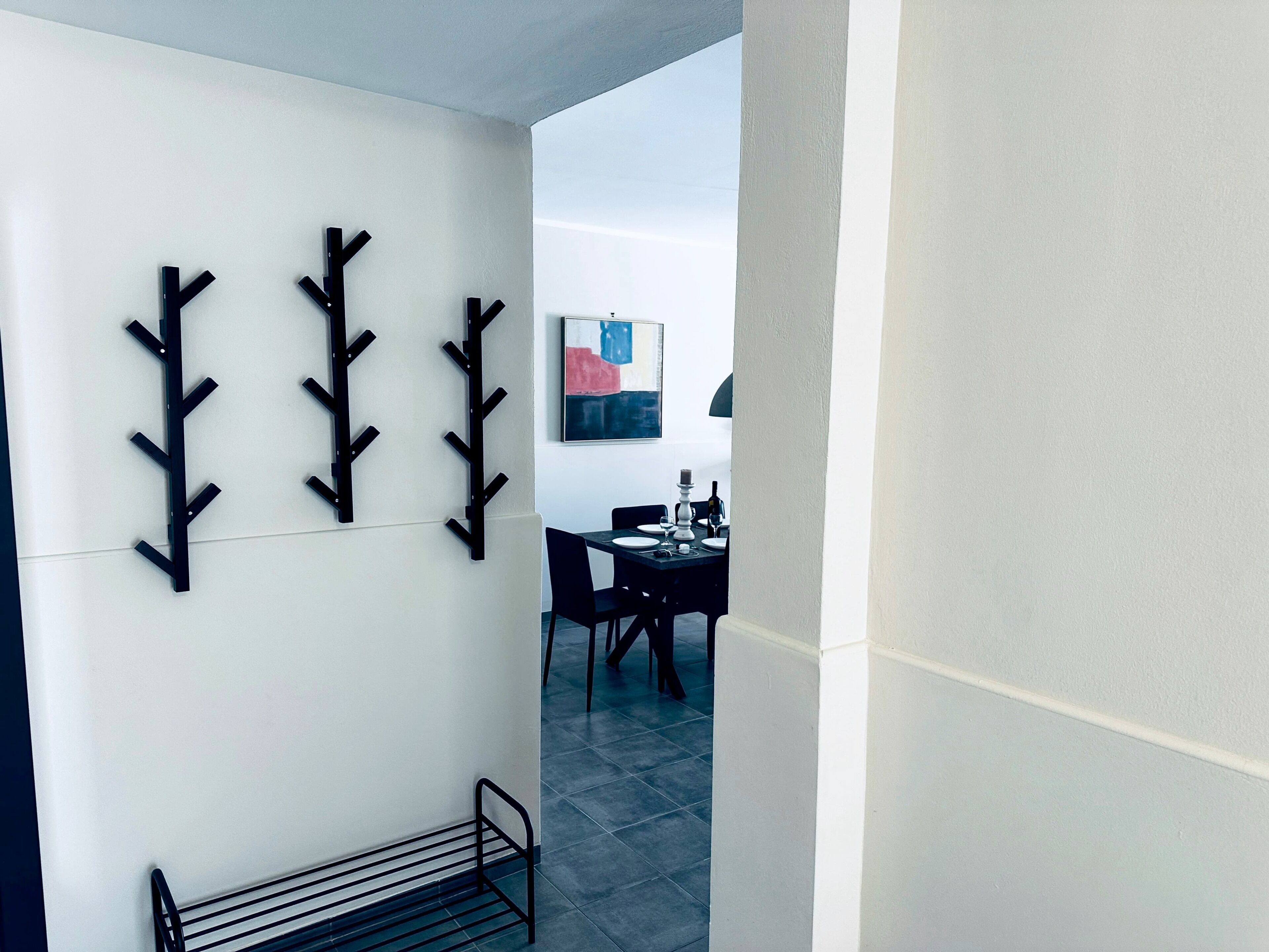 A hallway with a wall-mounted coat rack, a dining area with a table and chairs, and a framed artwork on the wall.