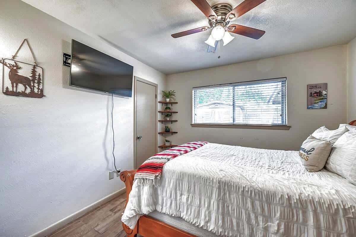 A bedroom with a bed, a ceiling fan, a TV, a window, and a door.