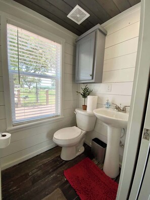 A bathroom with a toilet, sink, and window with blinds.
