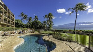 Ein Poolbereich mit geschwungenem Design, umgeben von Palmen und Blick auf das Meer.