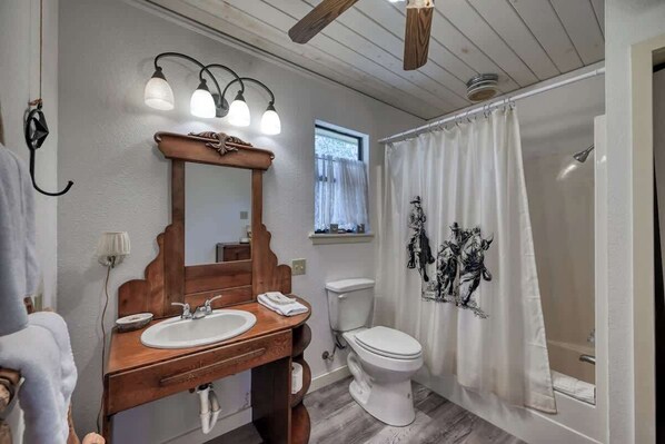 A bathroom with a wooden vanity, a white sink, a mirror with lights, a toilet, and a shower curtain with a horse print. - Stunninghome on The Blanco River (Blanco)