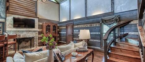 Cabin, 1 King Bed with Sofa bed, Hot Tub (315 Deer Rd Little R) | Living area | Fireplace, MP3 dock