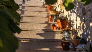 A stone staircase with potted plants and a lantern. - Villa Jokić Dvori (Benkovac)