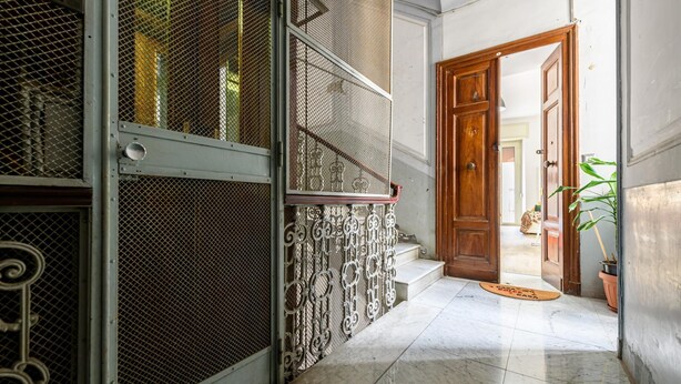 A hallway with a metal gate, a wooden door, and a potted plant. - Via Morghen 63 - Primo Piano (Naples)