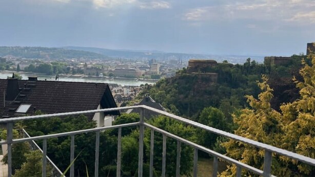 A view from a balcony overlooking a cityscape with a river, a castle-like structure on a hill, and dense greenery.